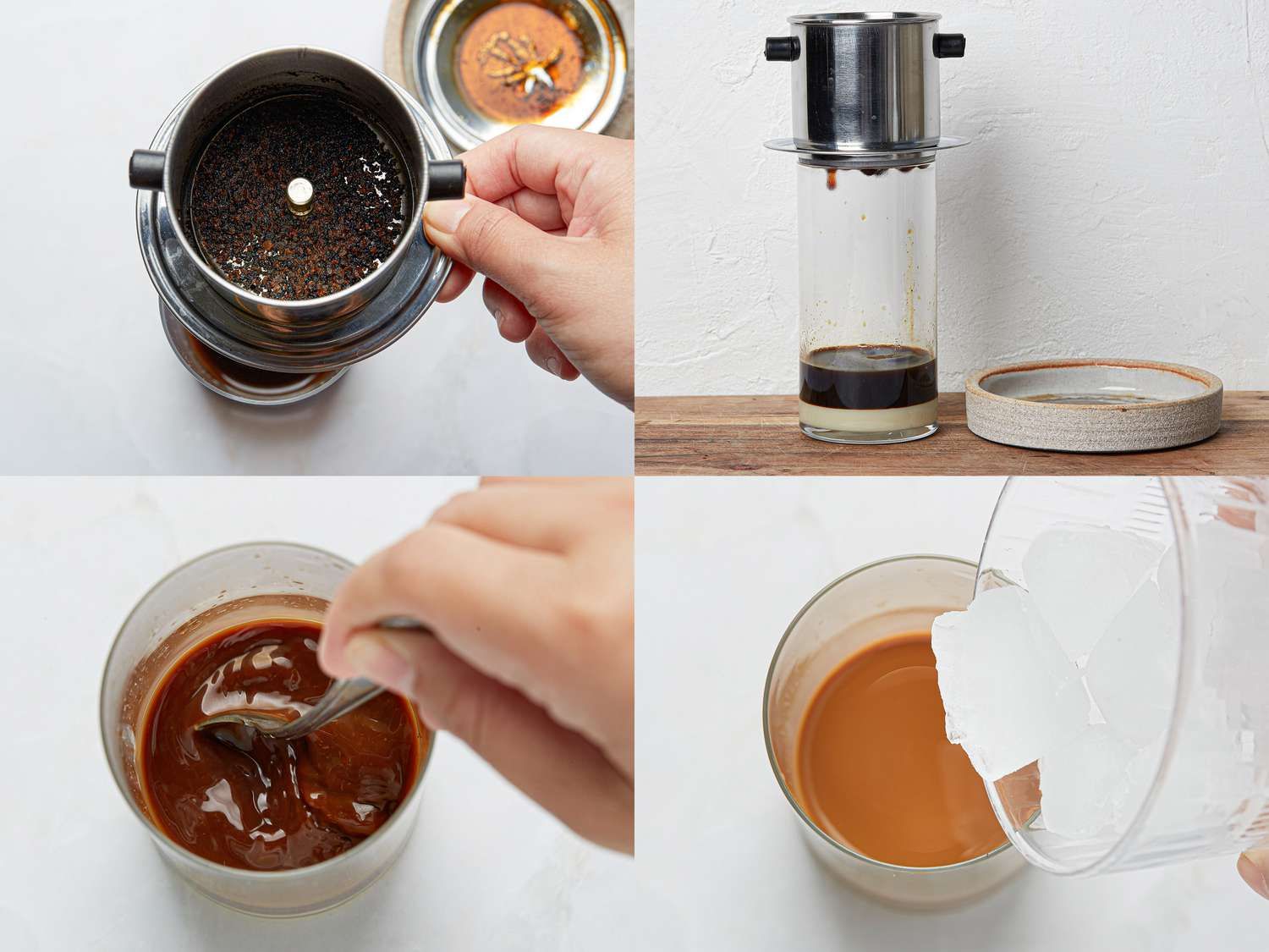 Step-by-step photo sequence showing the traditional Vietnamese coffee brewing process